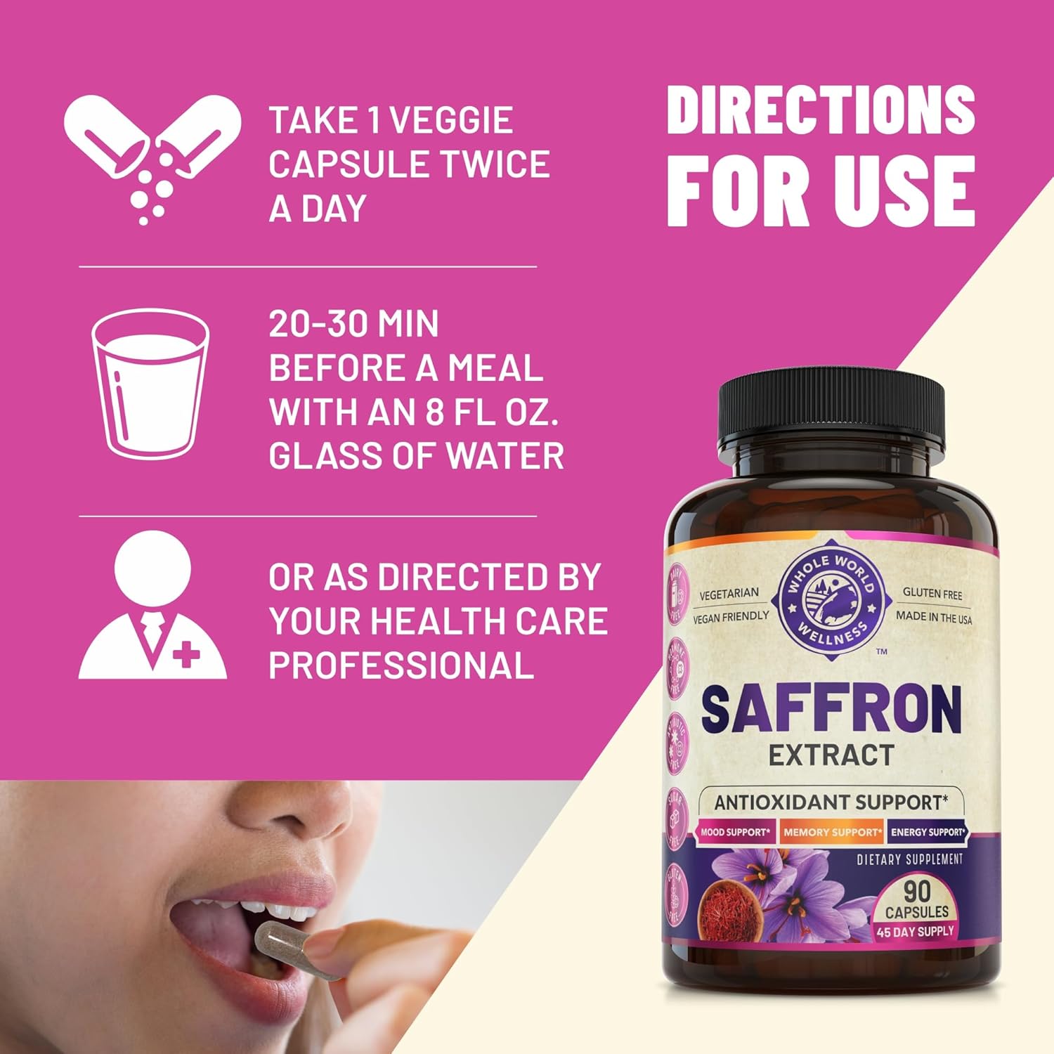 NSF Certified Pure Saffron Extract for Weight, Appetite, Mood & Memory Support - 45-Day Supply for Men & Women