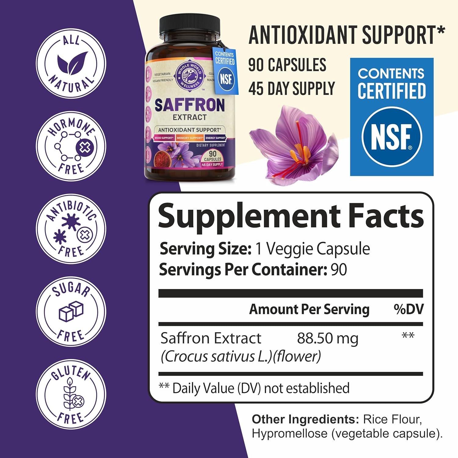 NSF Certified Pure Saffron Extract for Weight, Appetite, Mood & Memory Support - 45-Day Supply for Men & Women