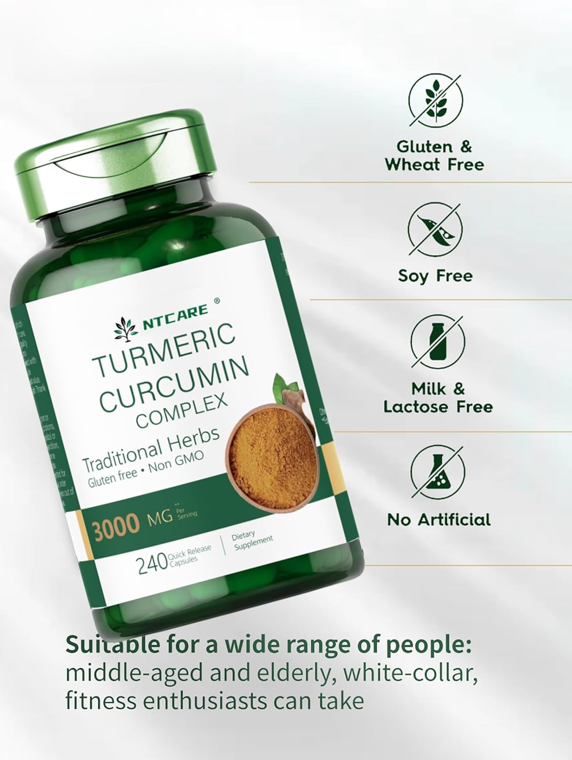 NTCARE Turmeric Curcumin with Black Pepper 3000mg - Joint Support Supplement 240 Capsules - Turmeric Complex Non-GMO Gluten Free