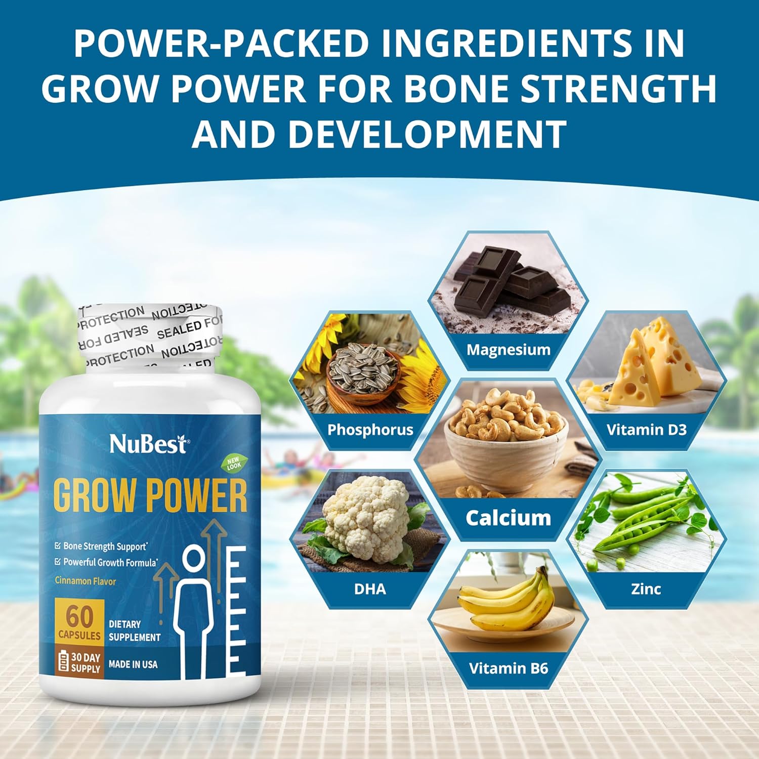 NuBest Grow Power Height Growth Supplement - Supports Height Growth for Ages 10+ & Teens - Grow Taller with Calcium, Vitamin D3, Phosphorus, Magnesium, Zinc - 6 Pack