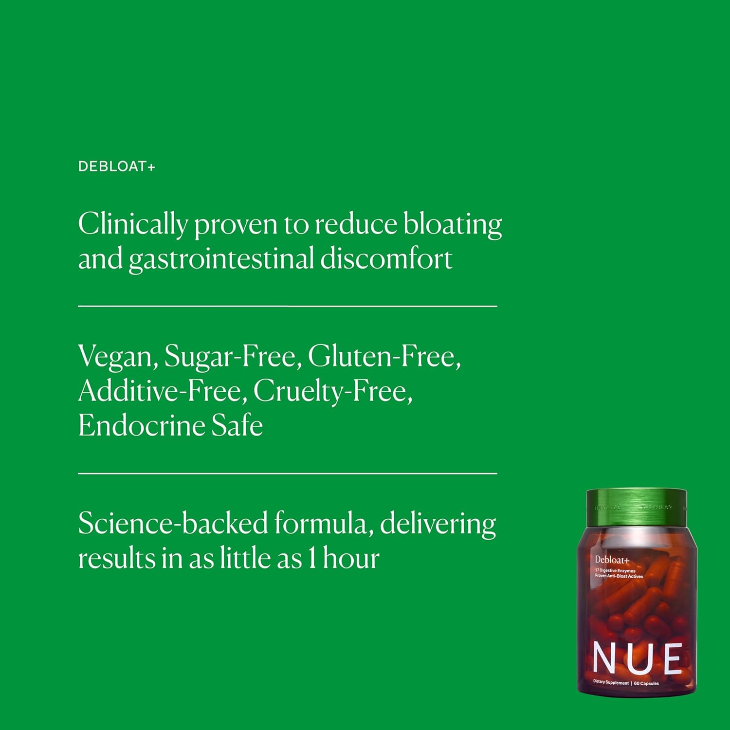 Nue Co. DEBLOAT+ Supplement: Relieves Bloating, Gas, Abdominal Pain, Boosts Immunity, Gut Health, Vegan, Gluten-Free - 60 Capsules