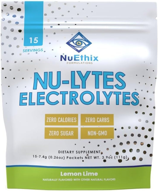 NuEthix Formulations NU-LYTES Electrolyte Powder Packets - Lemon Lime Flavor, Zero-Calorie, Sugar-Free, Non-GMO Hydration Supplement with Glycogen Replenishment - 15 Servings