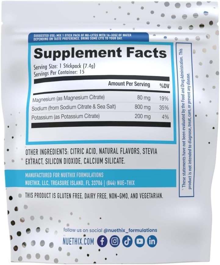 NuEthix Formulations NU-LYTES Electrolyte Powder Packets - Lemon Lime Flavor, Zero-Calorie, Sugar-Free, Non-GMO Hydration Supplement with Glycogen Replenishment - 15 Servings