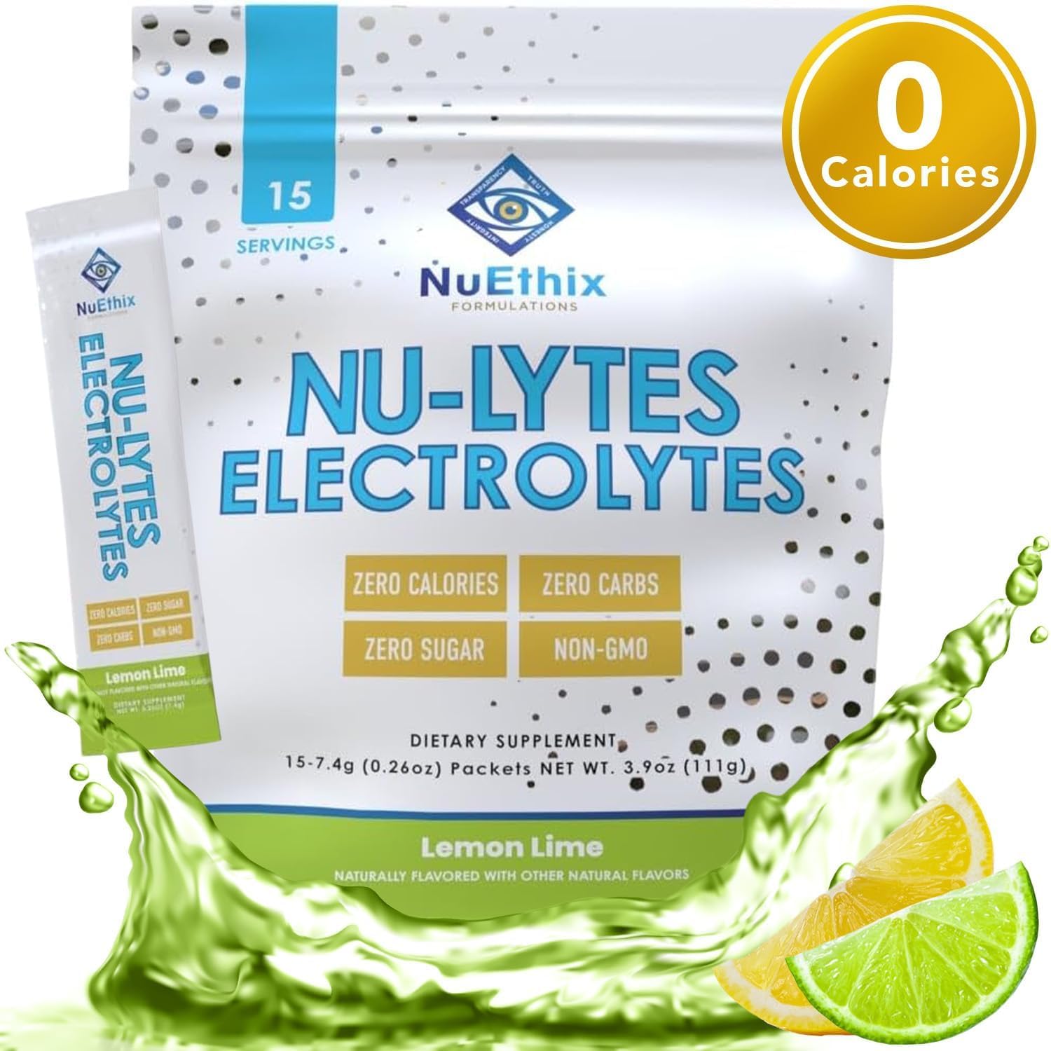 NuEthix Formulations NU-LYTES Electrolyte Powder Packets - Lemon Lime Flavor, Zero-Calorie, Sugar-Free, Non-GMO Hydration Supplement with Glycogen Replenishment - 15 Servings
