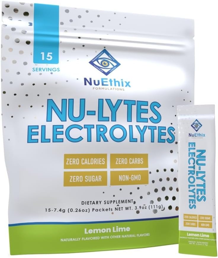 NuEthix Formulations NU-LYTES Electrolyte Powder Packets - Lemon Lime Flavor, Zero-Calorie, Sugar-Free, Non-GMO Hydration Supplement with Glycogen Replenishment - 15 Servings