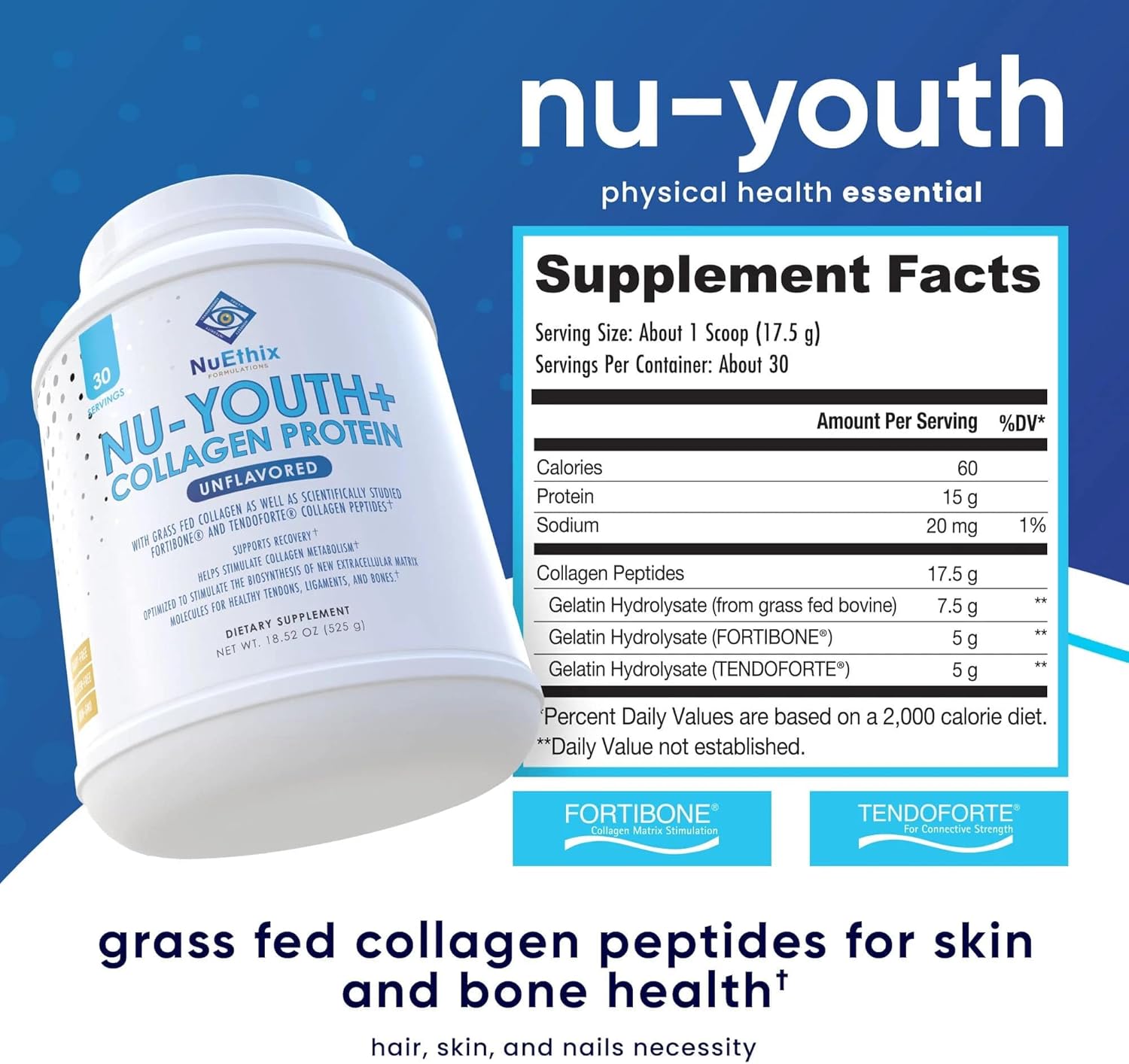 NuEthix Formulations Nu-Youth + Collagen Protein: Support Bones & Joints - 30 Servings