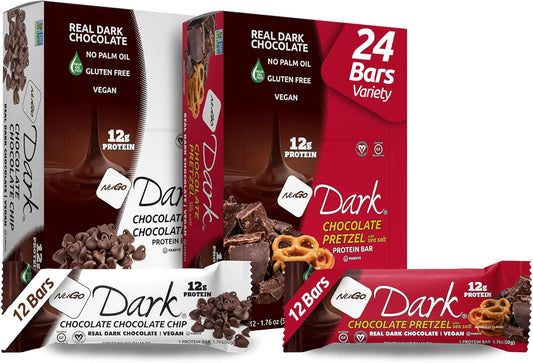 NuGo Dark Variety Pack - Chocolate Pretzel & Chocolate Chocolate Chip Bars, 12g Protein, Vegan, Gluten Free, Non-GMO, Kosher Pareve - 24 Bars