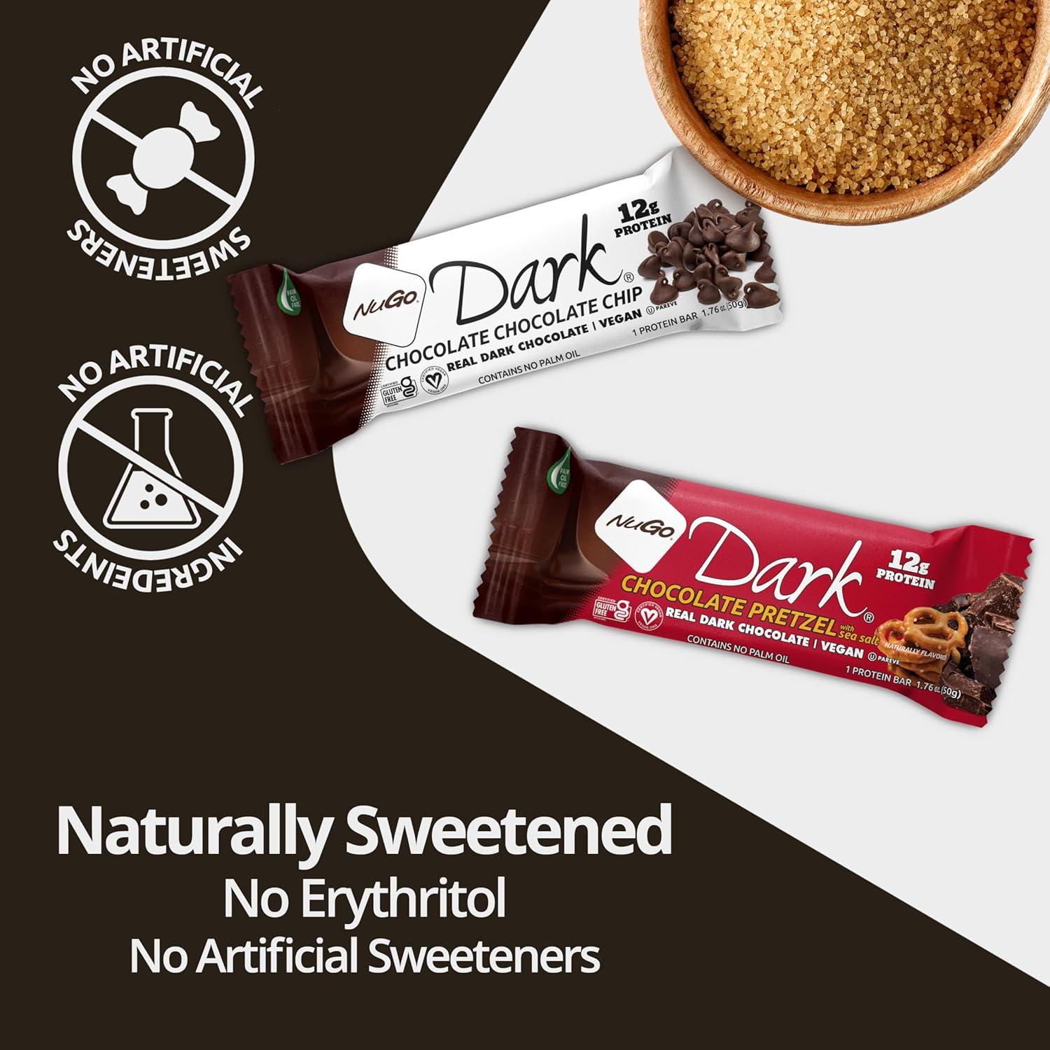 NuGo Dark Variety Pack - Chocolate Pretzel & Chocolate Chocolate Chip Bars, 12g Protein, Vegan, Gluten Free, Non-GMO, Kosher Pareve - 24 Bars