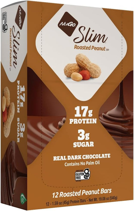 NuGo Slim Dark Chocolate Roasted Peanut Bars - High Protein, Low Sugar, Keto Friendly, 12 Pack