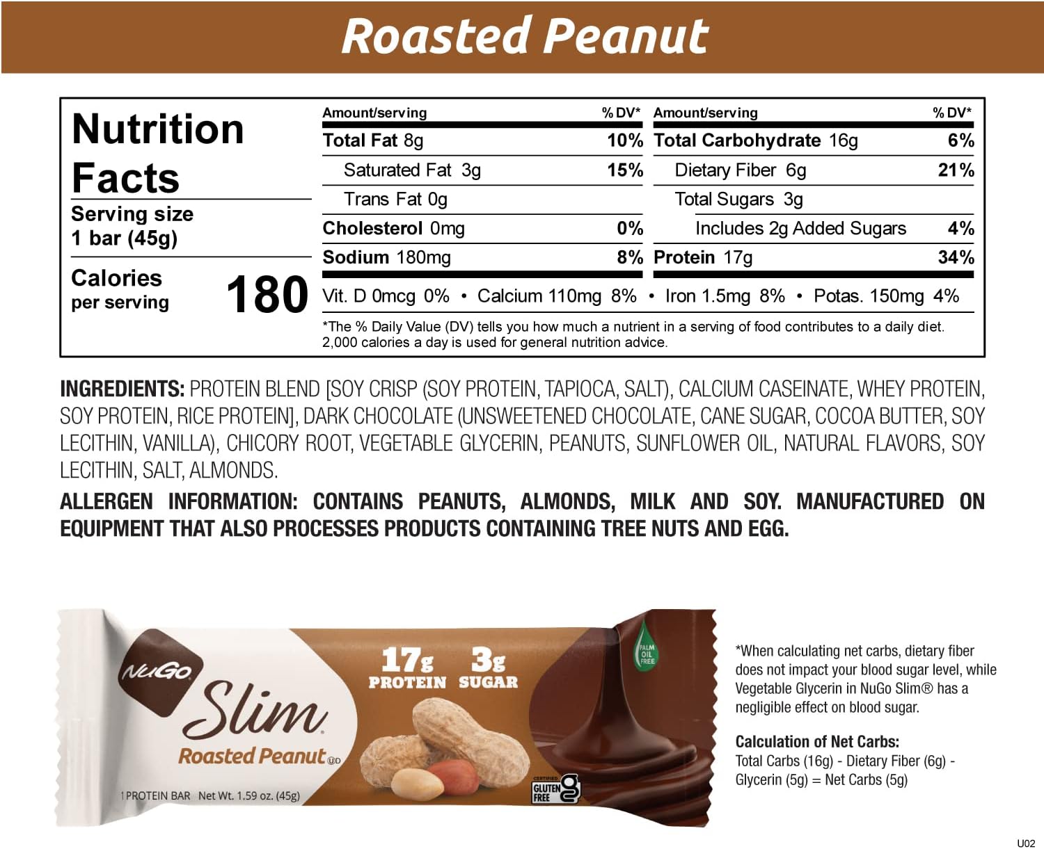 NuGo Slim Dark Chocolate Roasted Peanut Bars - High Protein, Low Sugar, Keto Friendly, 12 Pack