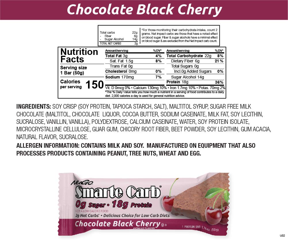 NuGo Smarte Carb Chocolate Black Cherry Bars - High Protein, Low Sugar, Low Carb Snack - 12 Pack