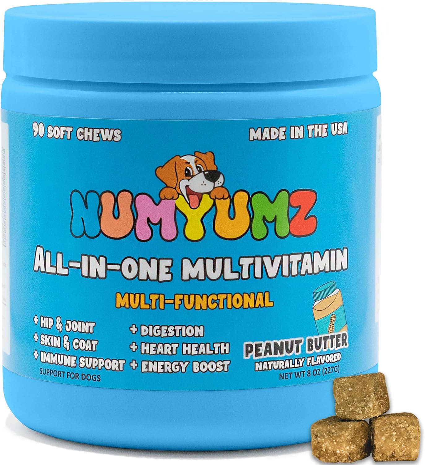 Numyumz Natural 15-in-1 Daily Multivitamin Chew Supplement for Dogs - Joint & Immune Support, Omega-3, Healthy Coat, Skin, Bones - 90 Soft Chews