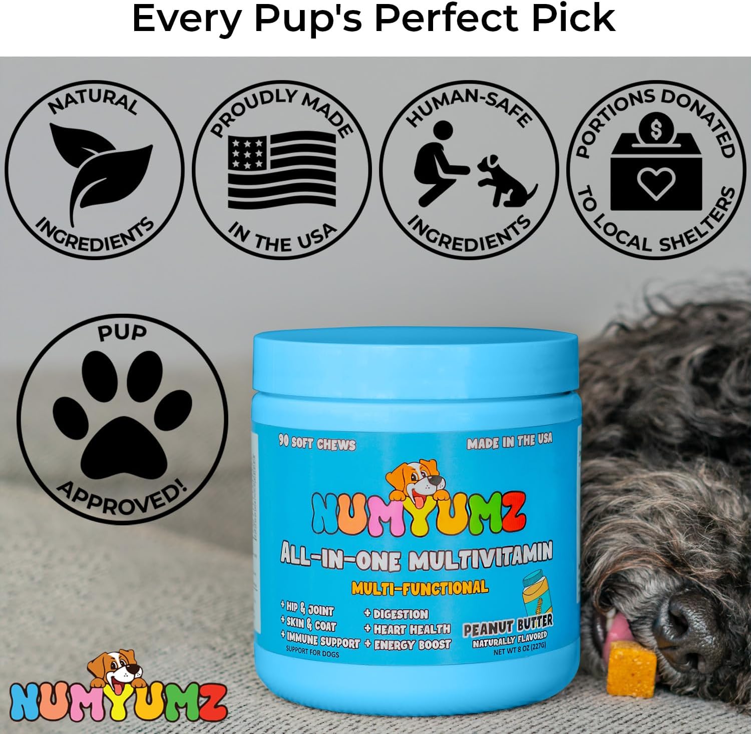 Numyumz Natural 15-in-1 Daily Multivitamin Chew Supplement for Dogs - Joint & Immune Support, Omega-3, Healthy Coat, Skin, Bones - 90 Soft Chews