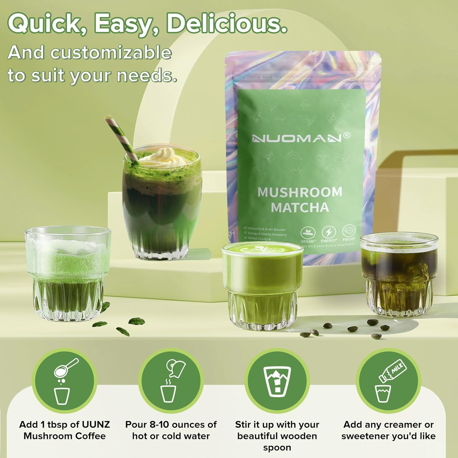 NUOMAN Mushroom Matcha Ceremonial Grade Matcha - 30 Servings, 1 Pack