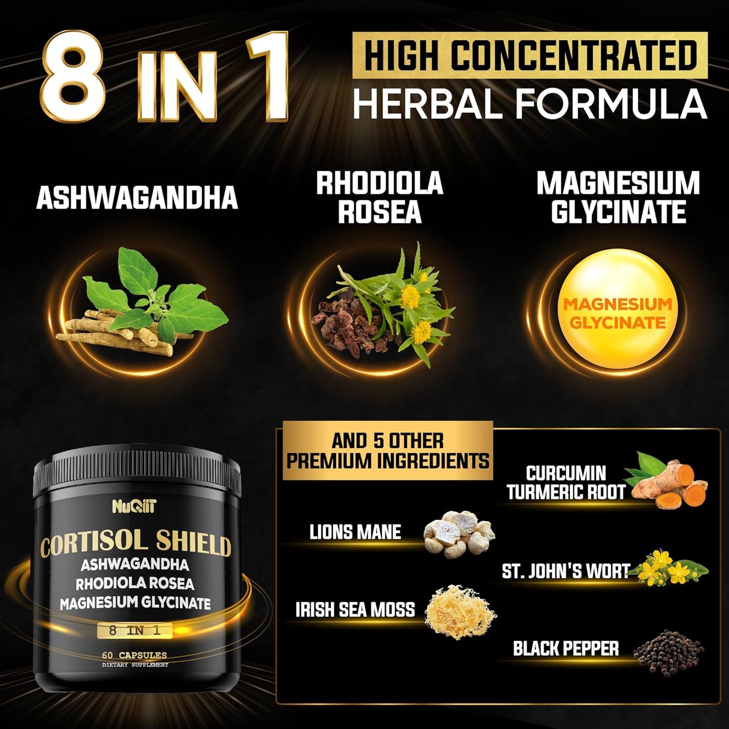 NUQIIT 8-in-1 Cortisol Shield Capsules with Ashwagandha, Magnesium, Rhodiola Rosea, and More for Mind and Mood Balance, Immune Support, and Restful Sleep - 60 Count