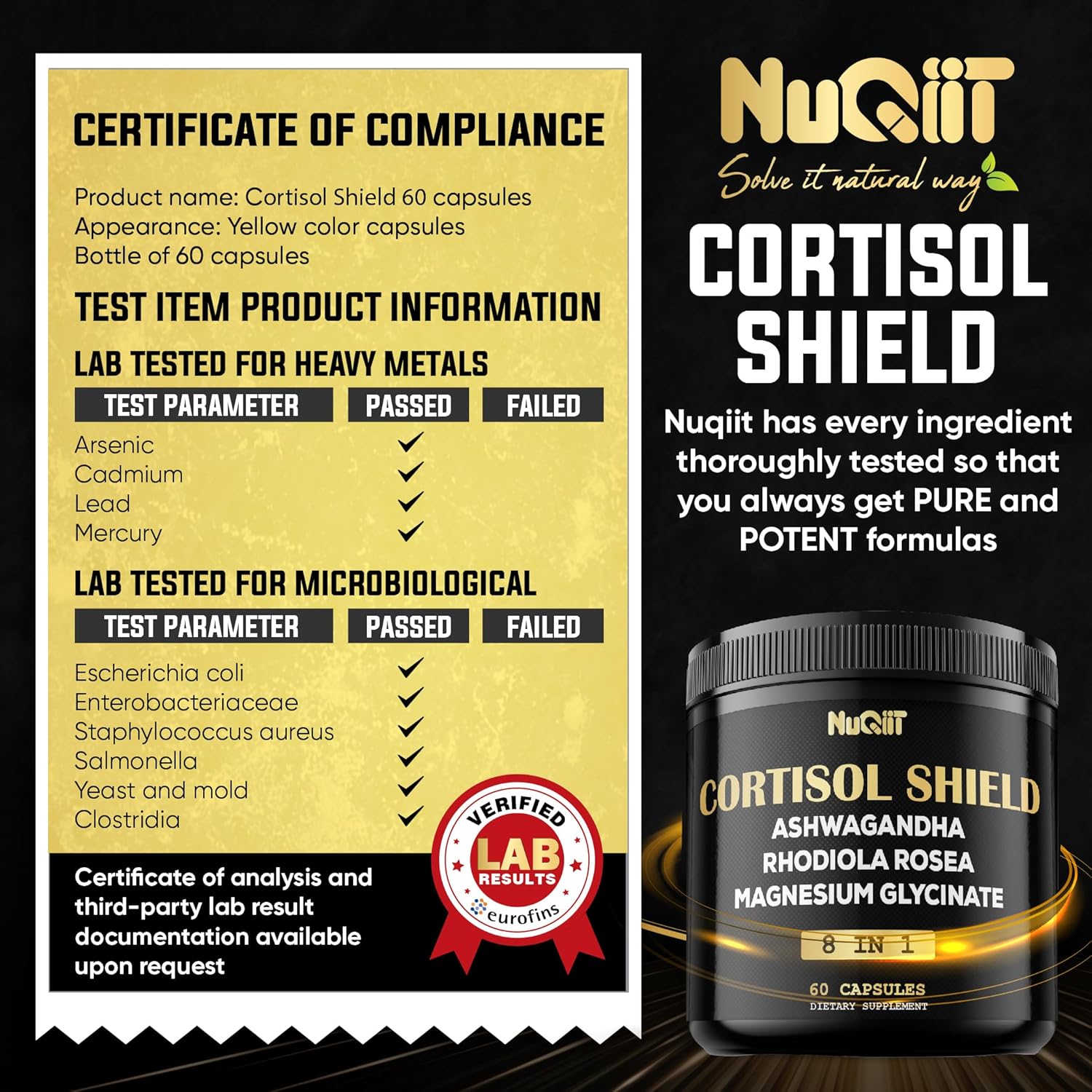 NUQIIT 8-in-1 Cortisol Shield Capsules with Ashwagandha, Magnesium, Rhodiola Rosea, and More for Mind and Mood Balance, Immune Support, and Restful Sleep - 60 Count