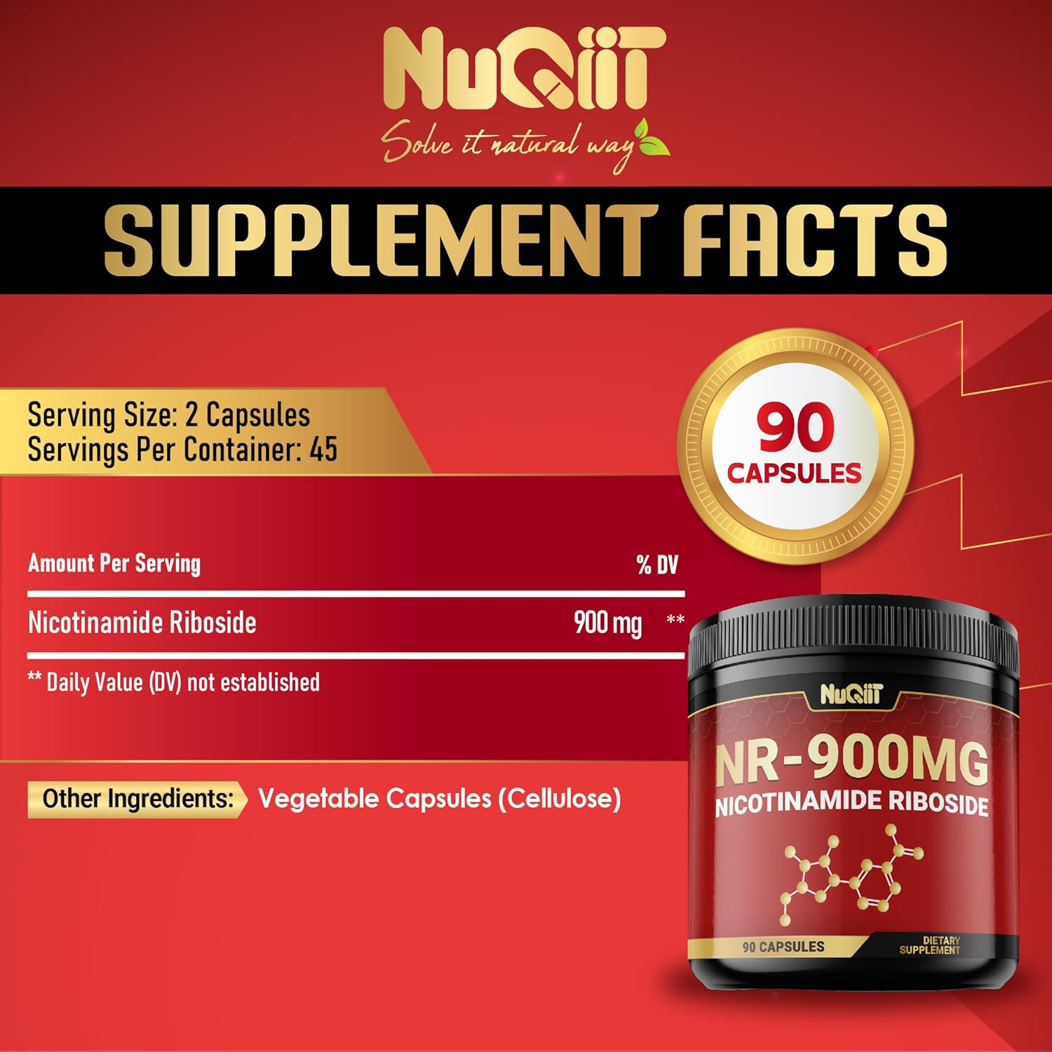 NUQIIT NAD+ Supplement 900mg - Boost Cellular Energy, Vitality & Healthy Aging - 90 Capsules