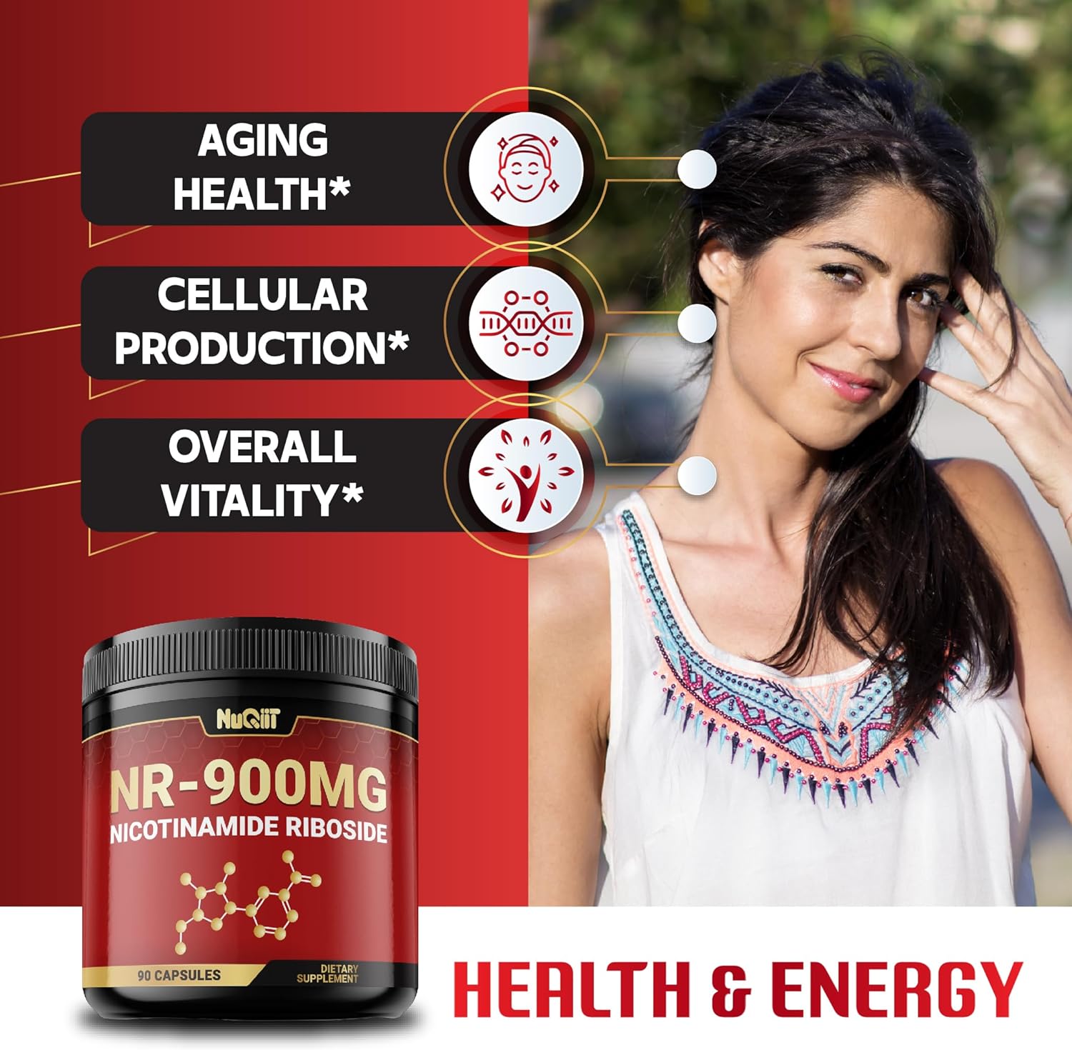 NUQIIT NAD+ Supplement 900mg - Boost Cellular Energy, Vitality & Healthy Aging - 90 Capsules