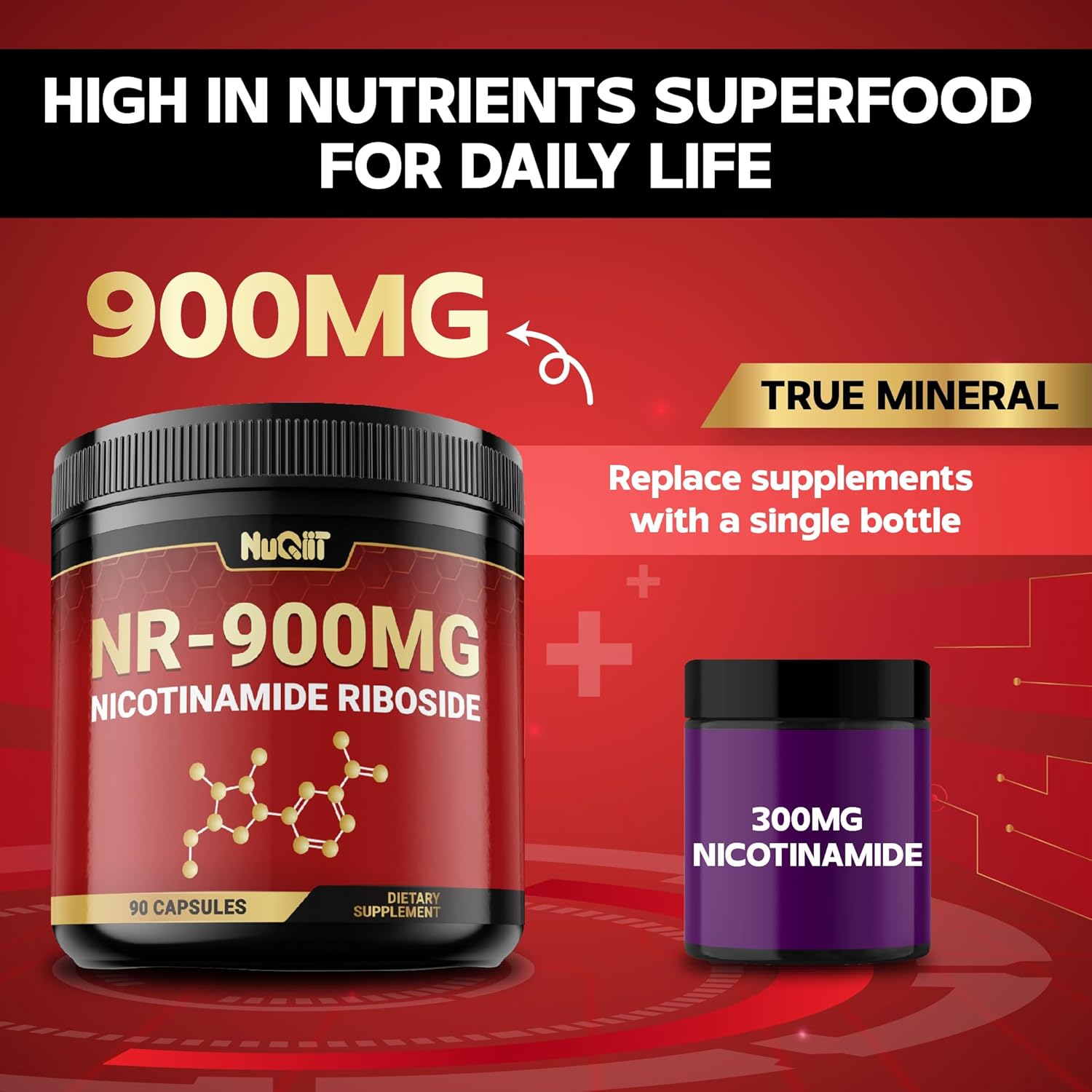 NUQIIT NAD+ Supplement 900mg - Boost Cellular Energy, Vitality & Healthy Aging - 90 Capsules