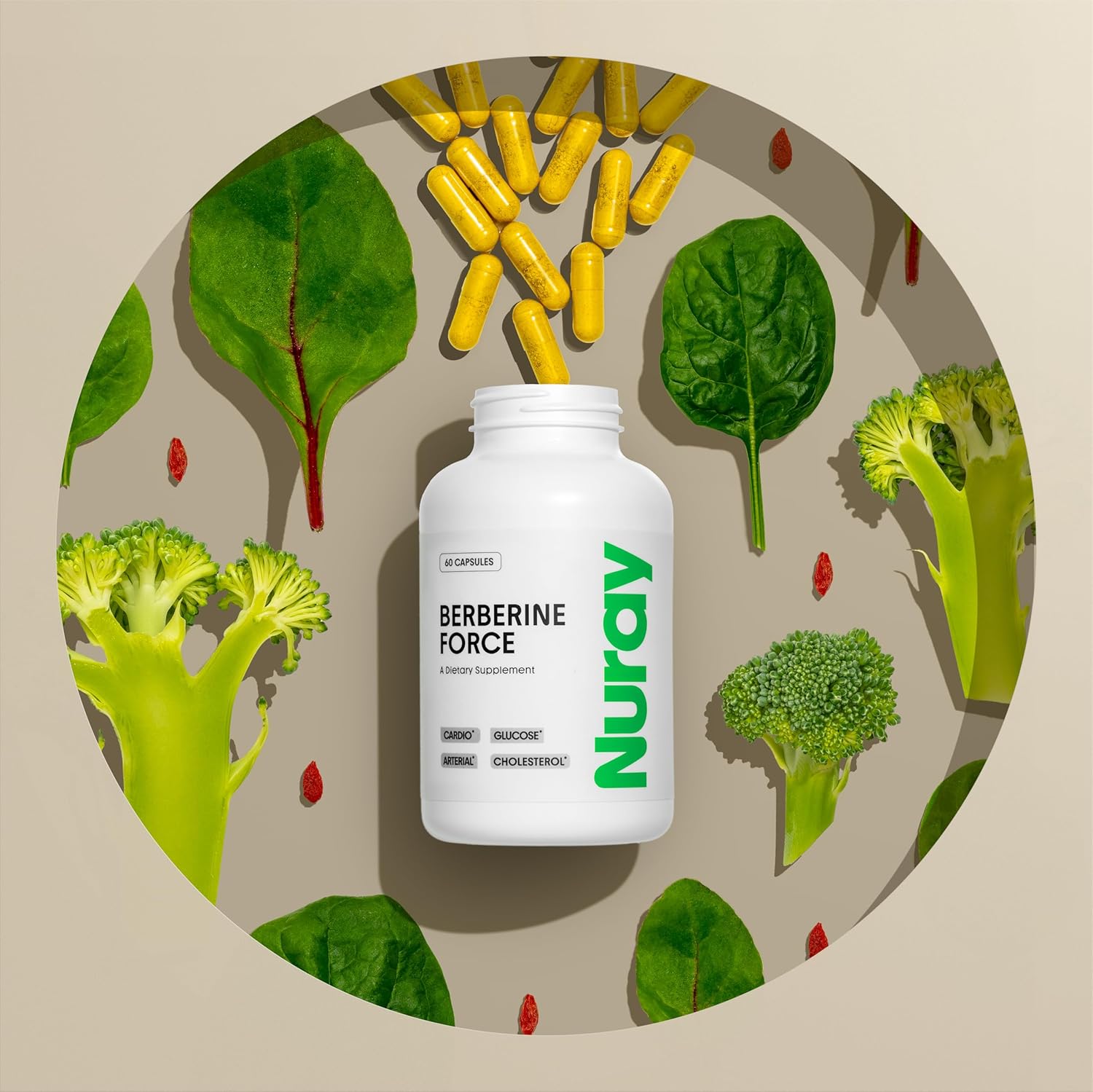 Nuray Berberine Force Capsules - Promotes Cognitive, Gastrointestinal, Cardiovascular Health, Boosts Metabolism - 60 Count - 500mg with Folate, R-Alpha Lipoic Acid