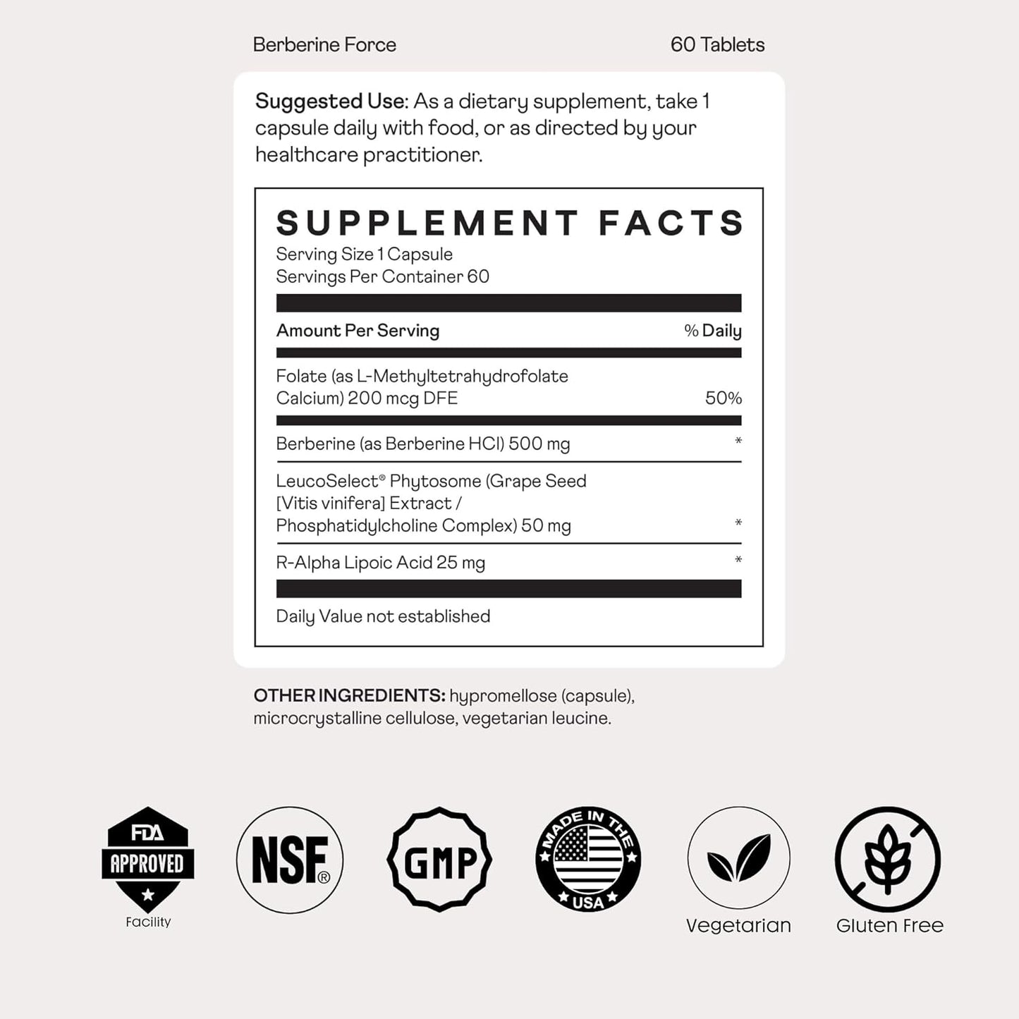 Nuray Berberine Force Capsules - Promotes Cognitive, Gastrointestinal, Cardiovascular Health, Boosts Metabolism - 60 Count - 500mg with Folate, R-Alpha Lipoic Acid