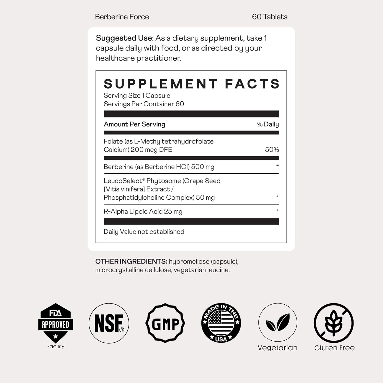 Nuray Berberine Force Capsules - Promotes Cognitive, Gastrointestinal, Cardiovascular Health, Boosts Metabolism - 60 Count - 500mg with Folate, R-Alpha Lipoic Acid