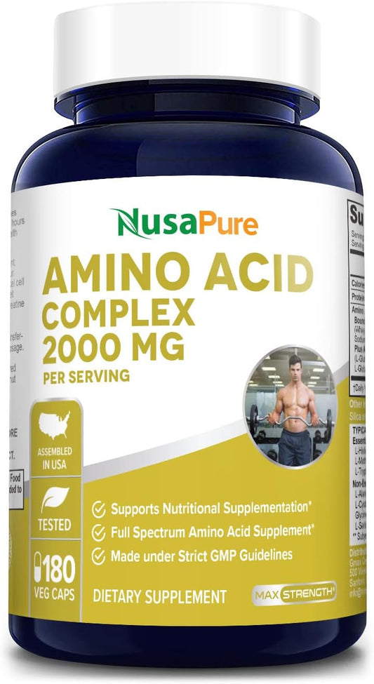 NusaPure Amino Acid Complex Blend 2000 mg-180 Capsules - Non-GMO and Gluten-Free Formula