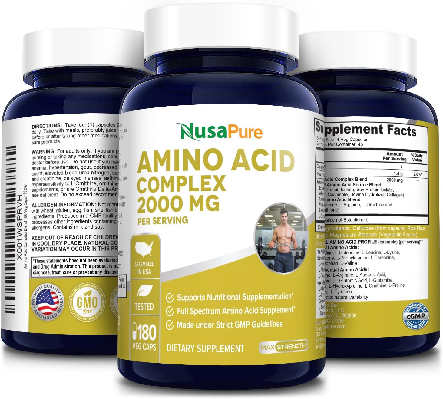 NusaPure Amino Acid Complex Blend 2000 mg-180 Capsules - Non-GMO and Gluten-Free Formula