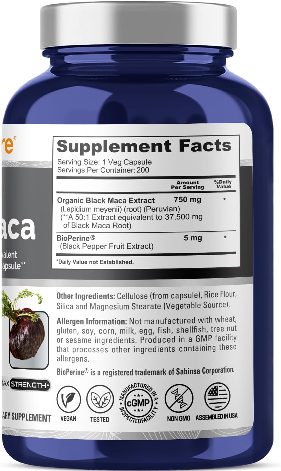 NusaPure Black Maca Root Capsules - 37,500mg - 200 Veggie Caps (Vegan, Non-GMO)