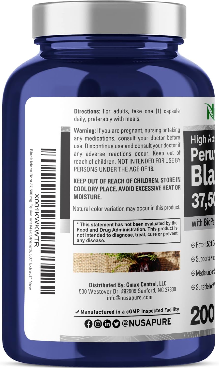 NusaPure Black Maca Root Capsules - 37,500mg - 200 Veggie Caps (Vegan, Non-GMO)