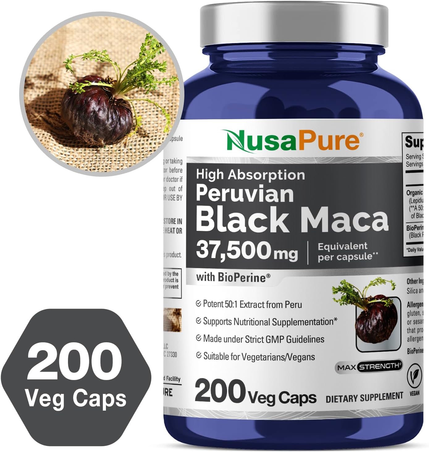 NusaPure Black Maca Root Capsules - 37,500mg - 200 Veggie Caps (Vegan, Non-GMO)