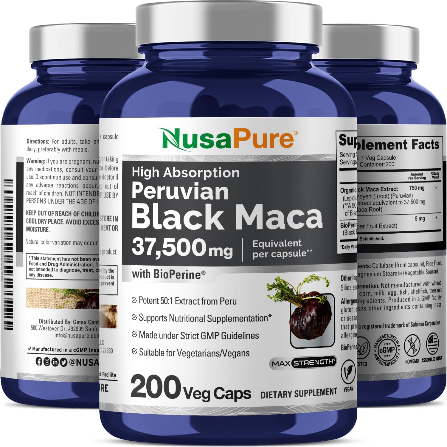 NusaPure Black Maca Root Capsules - 37,500mg - 200 Veggie Caps (Vegan, Non-GMO)
