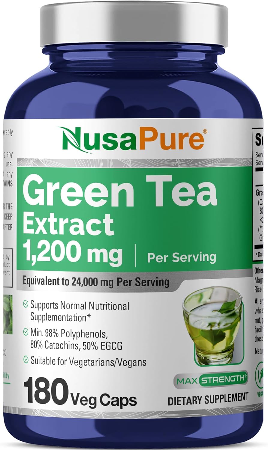 NusaPure Green Tea Extract Capsules - 180 Vegan Caps, 1200mg, 50% EGCG, 98% Polyphenols, 80% Catechins - 20:1 Concentration, 24000mg Equivalent