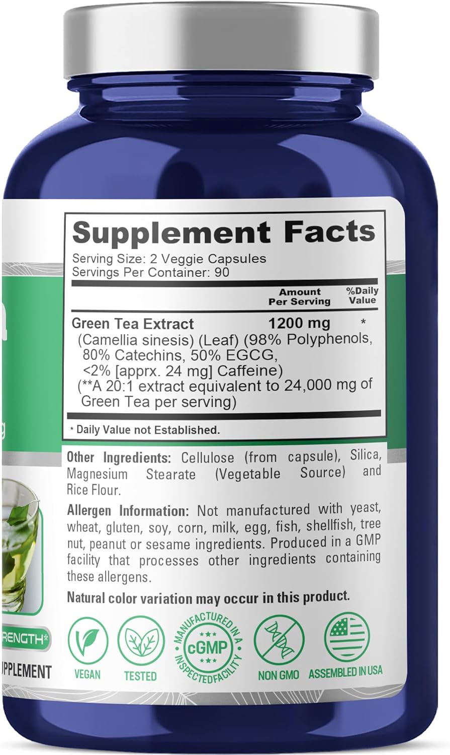 NusaPure Green Tea Extract Capsules - 180 Vegan Caps, 1200mg, 50% EGCG, 98% Polyphenols, 80% Catechins - 20:1 Concentration, 24000mg Equivalent