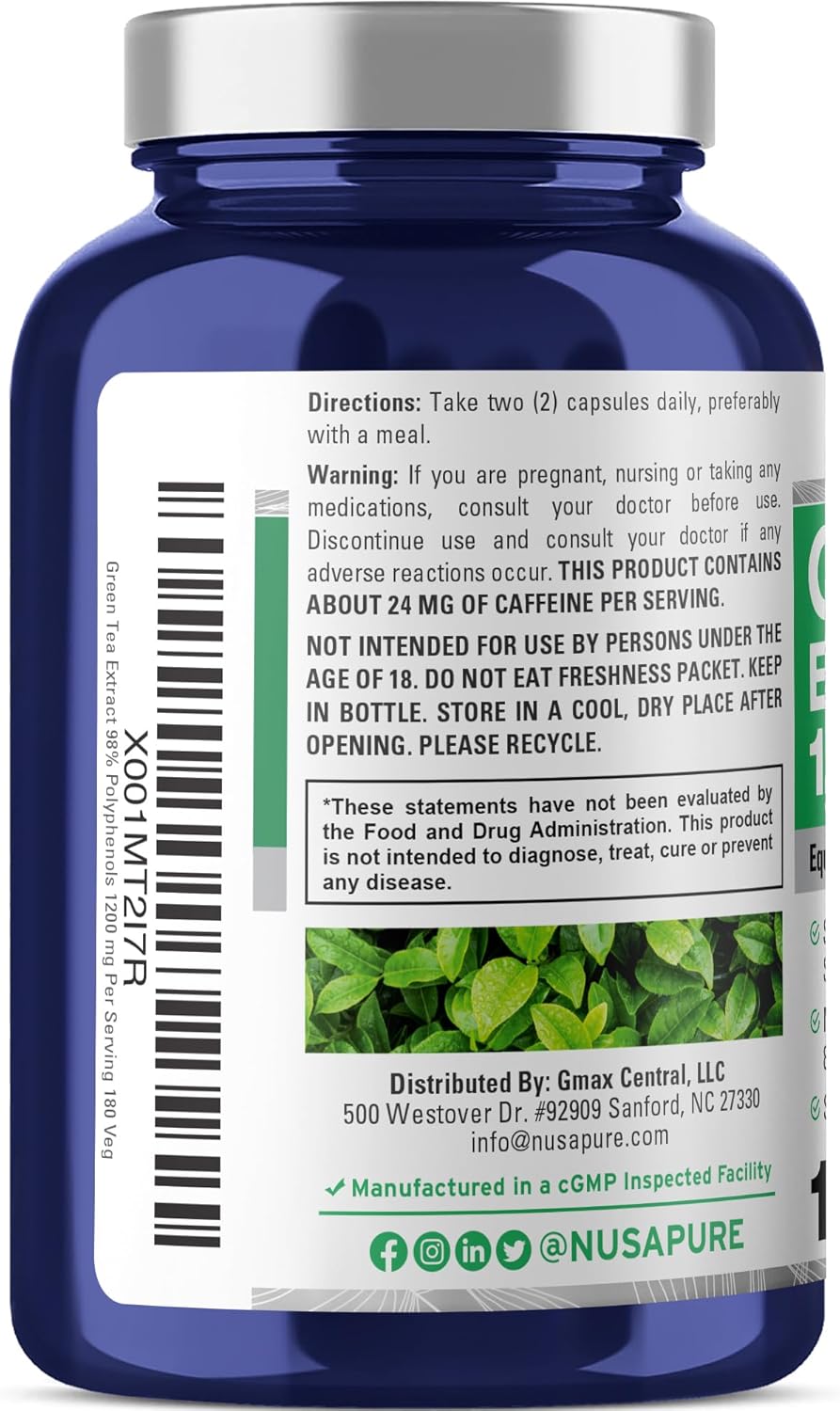 NusaPure Green Tea Extract Capsules - 180 Vegan Caps, 1200mg, 50% EGCG, 98% Polyphenols, 80% Catechins - 20:1 Concentration, 24000mg Equivalent