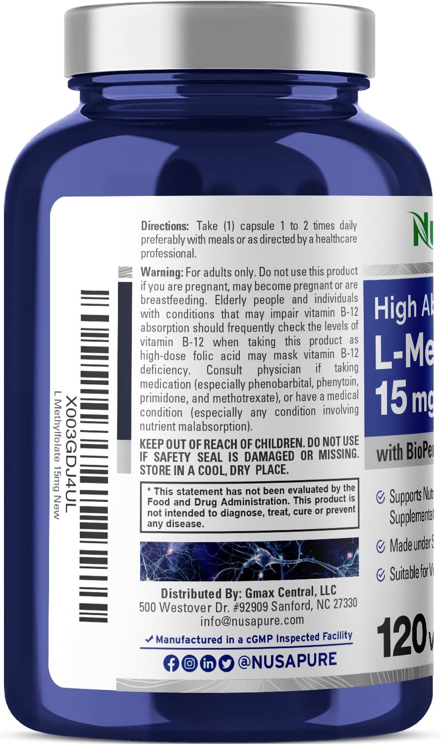 NusaPure L Methylfolate 15mg Supplement with Bioperine - 120 Vegetarian Capsules