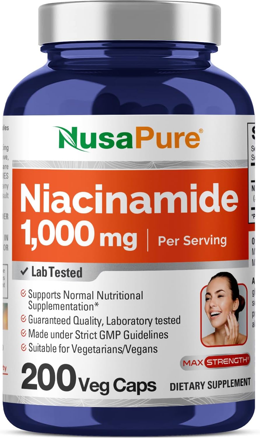 NusaPure Niacinamide 1000mg 200 Capsules - Non-GMO & Vegan Formula, Flush Free