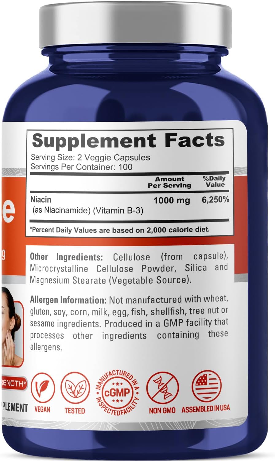 NusaPure Niacinamide 1000mg 200 Capsules - Non-GMO & Vegan Formula, Flush Free