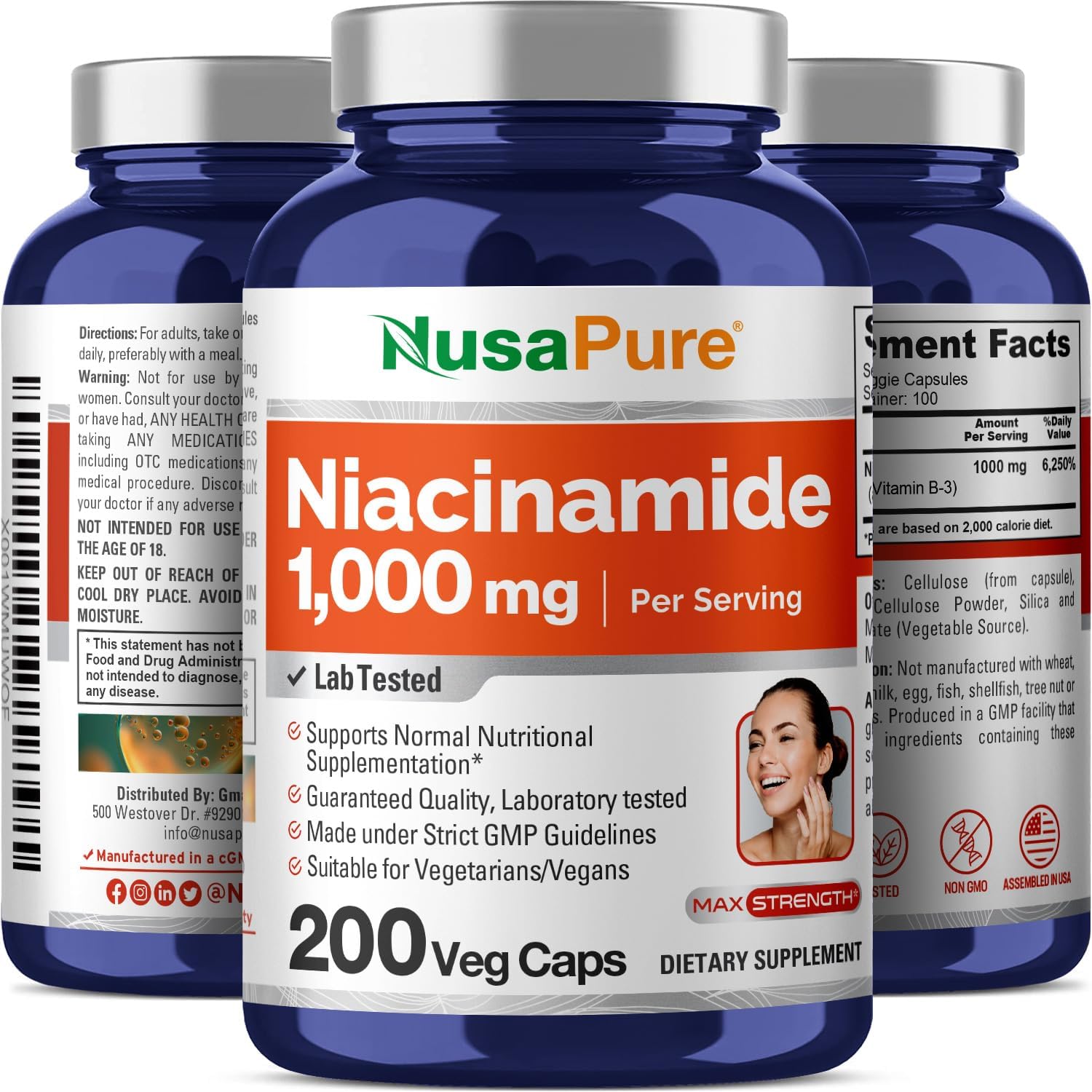NusaPure Niacinamide 1000mg 200 Capsules - Non-GMO & Vegan Formula, Flush Free
