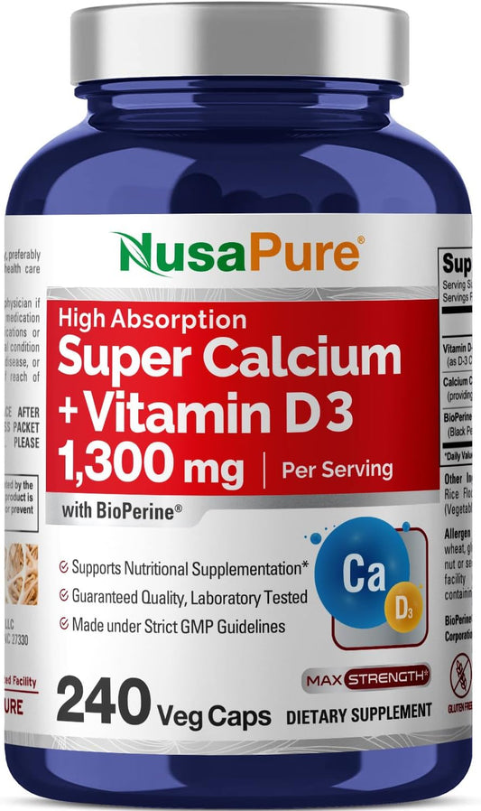 NusaPure Super Calcium 1300mg with Vitamin D3 - 240 Vegetarian Capsules, Non-GMO, Gluten-Free, Enhanced with Bioperine