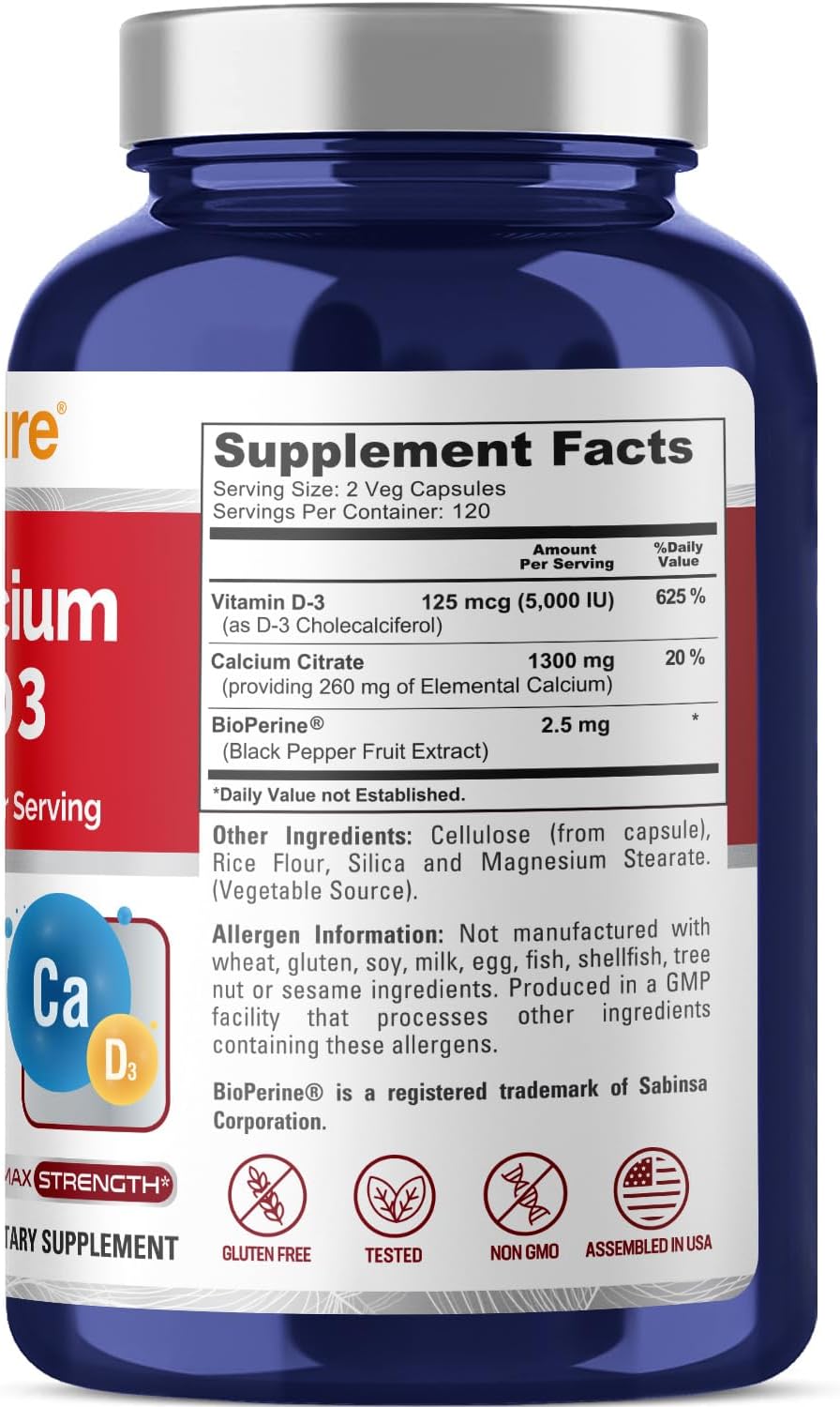 NusaPure Super Calcium 1300mg with Vitamin D3 - 240 Vegetarian Capsules, Non-GMO, Gluten-Free, Enhanced with Bioperine