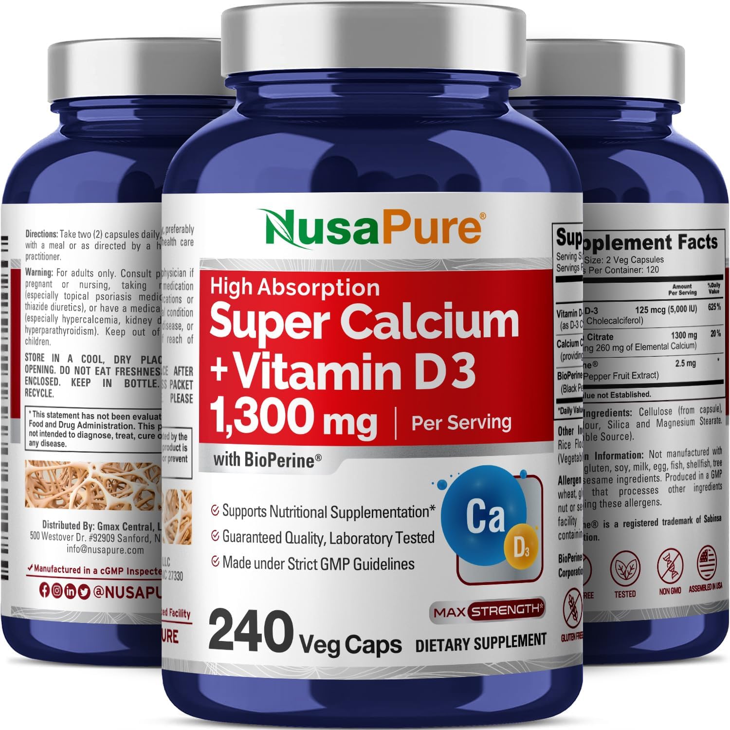 NusaPure Super Calcium 1300mg with Vitamin D3 - 240 Vegetarian Capsules, Non-GMO, Gluten-Free, Enhanced with Bioperine