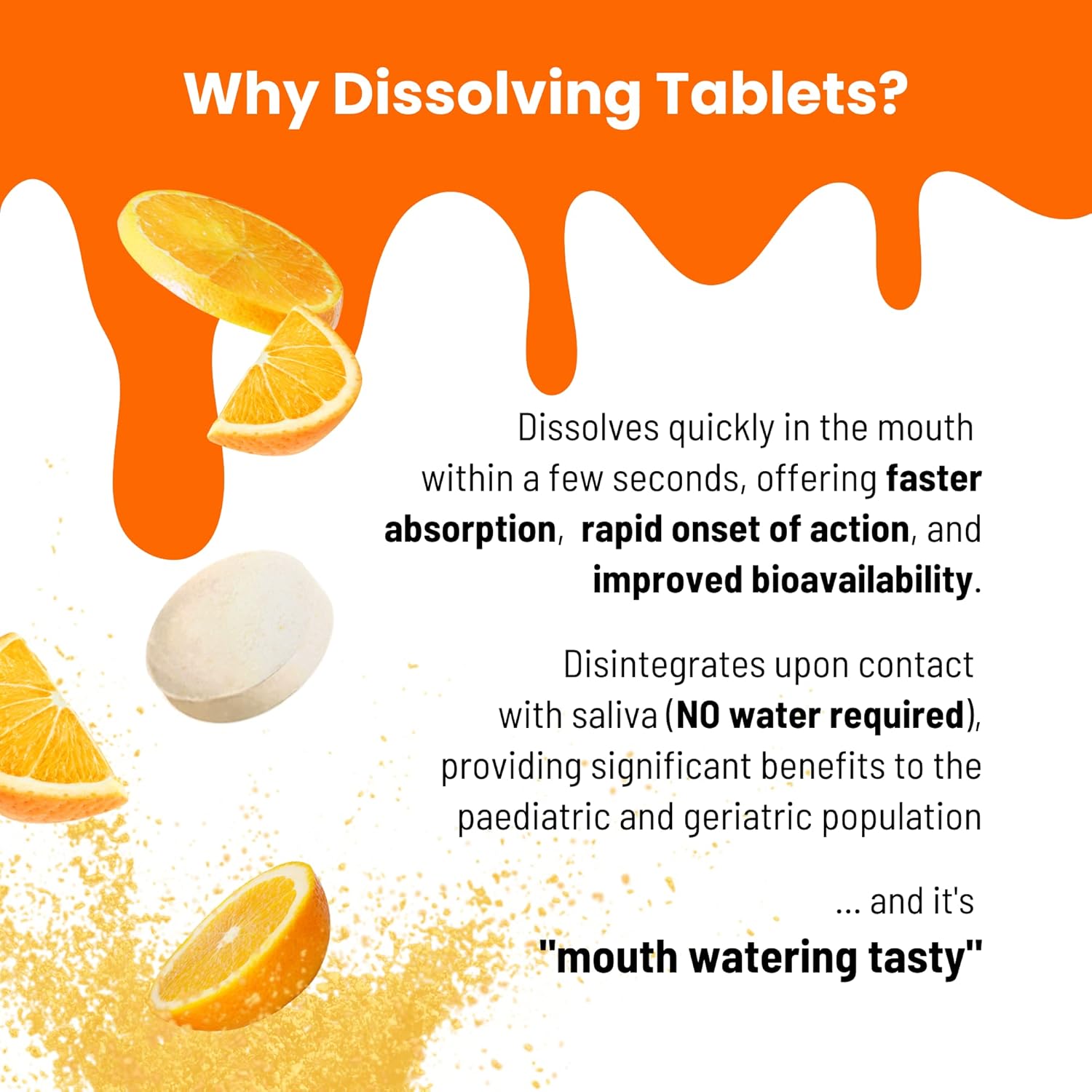 Nutra Meltz 250mg Vitamin C Tablets - Boosts Immune System, Supports Bone Health, Quick Dissolve Orange Flavor - 60 Tablets