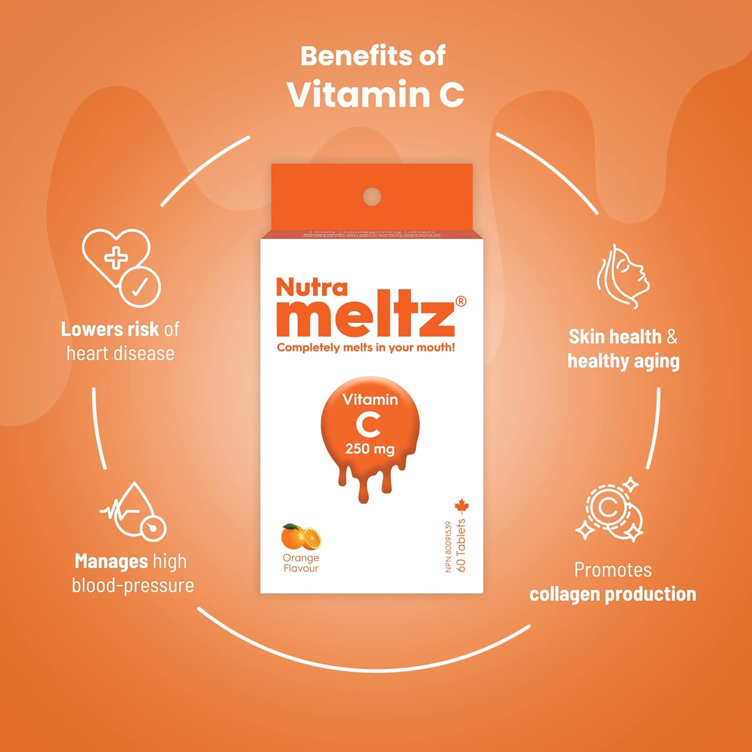 Nutra Meltz 250mg Vitamin C Tablets - Boosts Immune System, Supports Bone Health, Quick Dissolve Orange Flavor - 60 Tablets