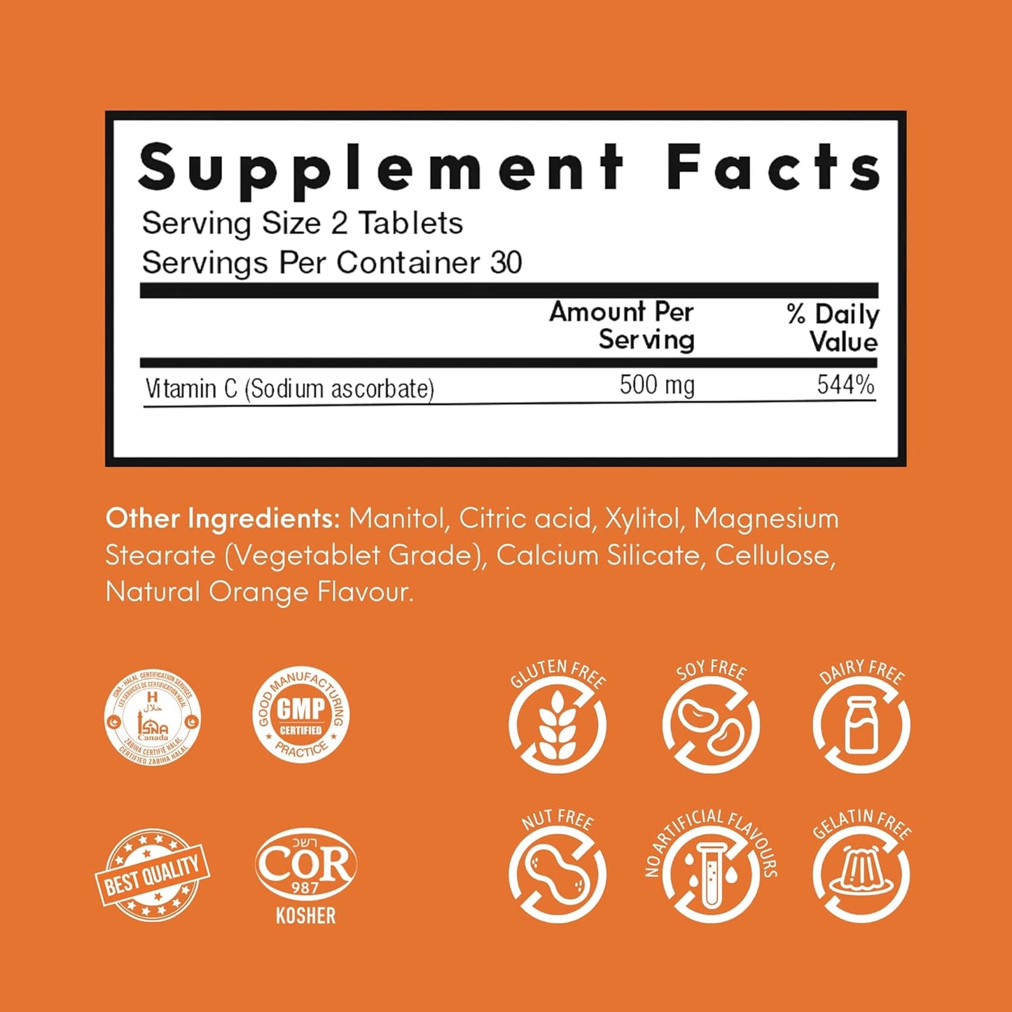 Nutra Meltz 250mg Vitamin C Tablets - Boosts Immune System, Supports Bone Health, Quick Dissolve Orange Flavor - 60 Tablets