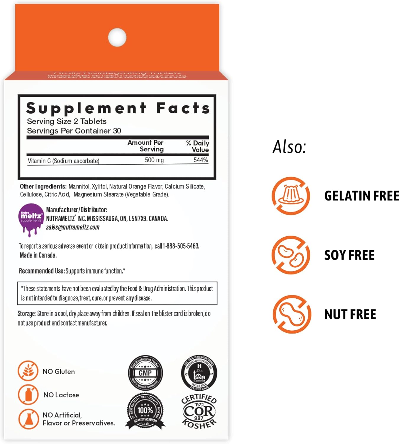 Nutra Meltz 250mg Vitamin C Tablets - Boosts Immune System, Supports Bone Health, Quick Dissolve Orange Flavor - 60 Tablets