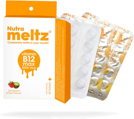 Nutra Meltz Vitamin B12 5000 mcg Tablets - Methylcobalamin for Energy & Cognition - Quick Dissolving Strawberry & Kiwi Flavor - 60 Tablets