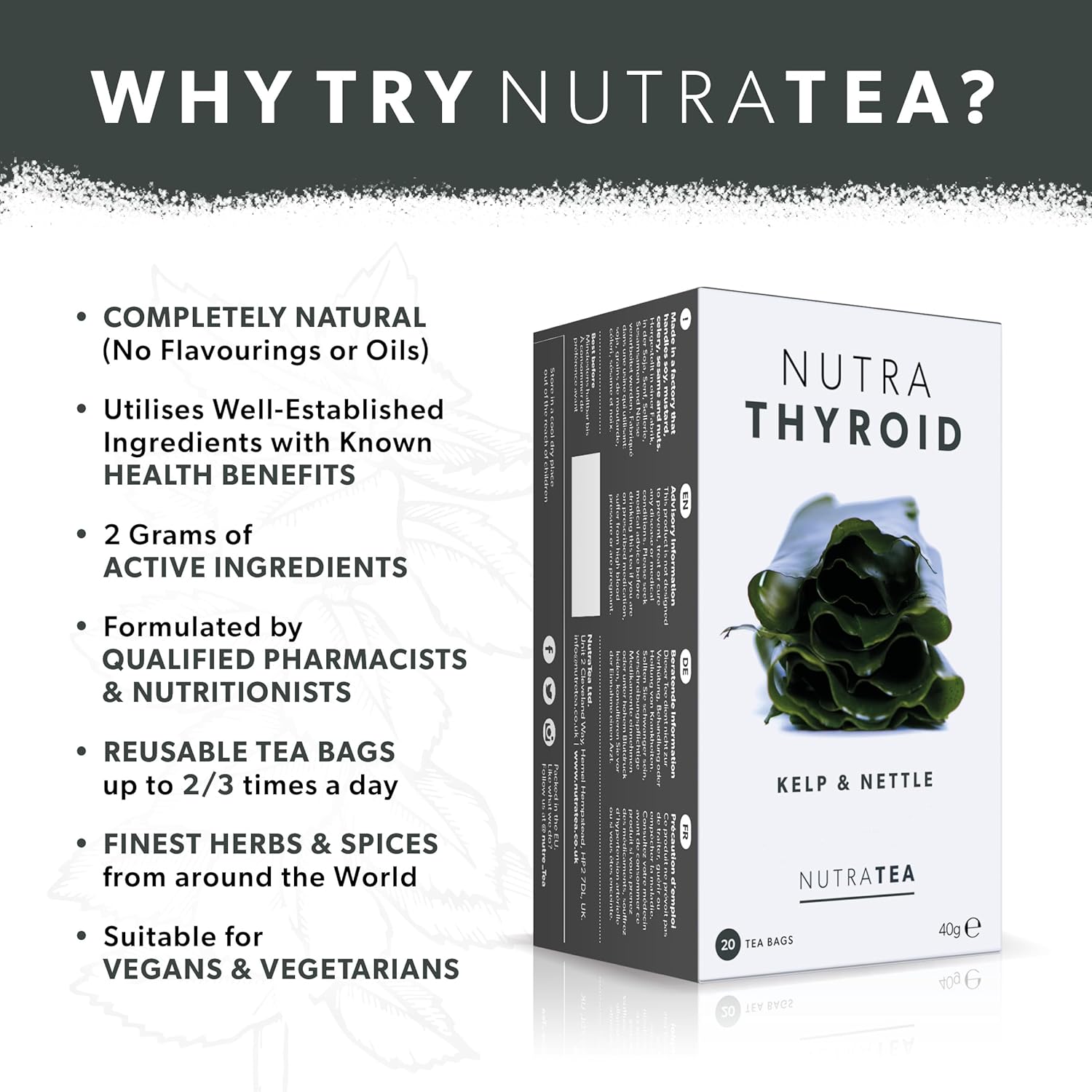 Nutra Tea Thyroid Support Herbal Tea - Boost Metabolism & Thyroid Function - 80 Tea Bags - Nutrathyroid - 2 Pack