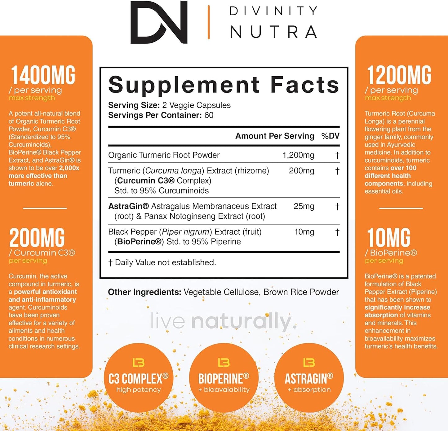 Nutra Turmeric Curcumin 1400mg with BioPerine for Joint Support - 95% Standardized Curcuminoids, Max Absorption, Non GMO - 120 Capsules