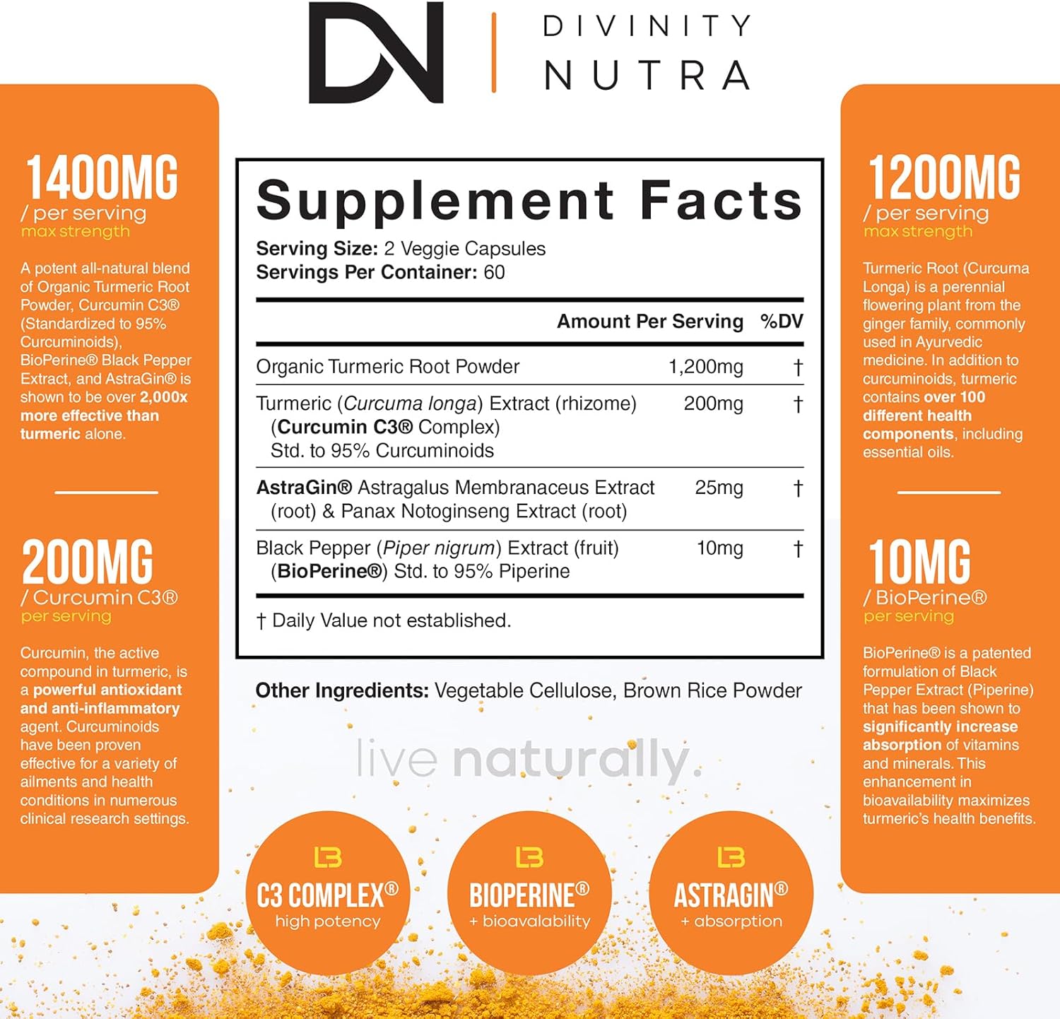 Nutra Turmeric Curcumin 1400mg with BioPerine for Joint Support - 95% Standardized Curcuminoids, Max Absorption, Non GMO - 120 Capsules